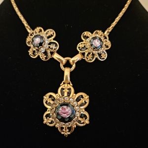 Beautiful Spanish black enamel pendent with delicate hand painted pink roses